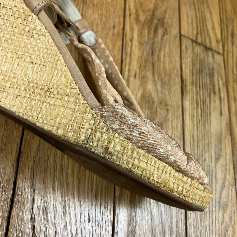 Kate Spade‎ New York Polka Dot Bow Raffia Wedge Sandals Tan Cream 9.5M